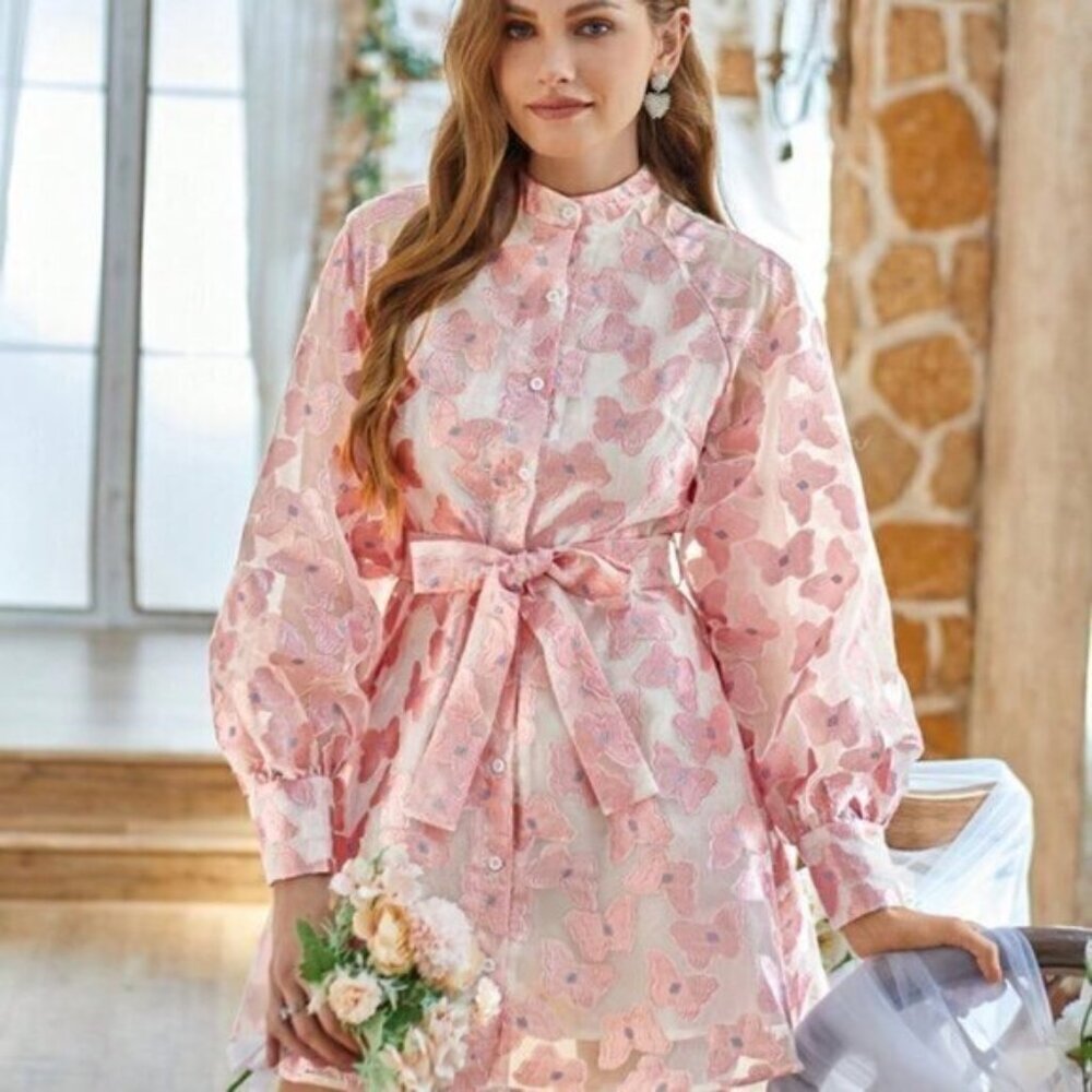 Pink Boho Womens Butterfly Jacquard Full Sleeve Dress
